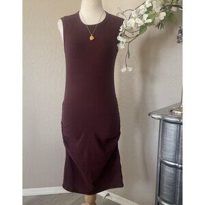 James Perse Womens Sleeveless Bodycon Dress Size 1 Red Midi Crew Neck Ruch Sides